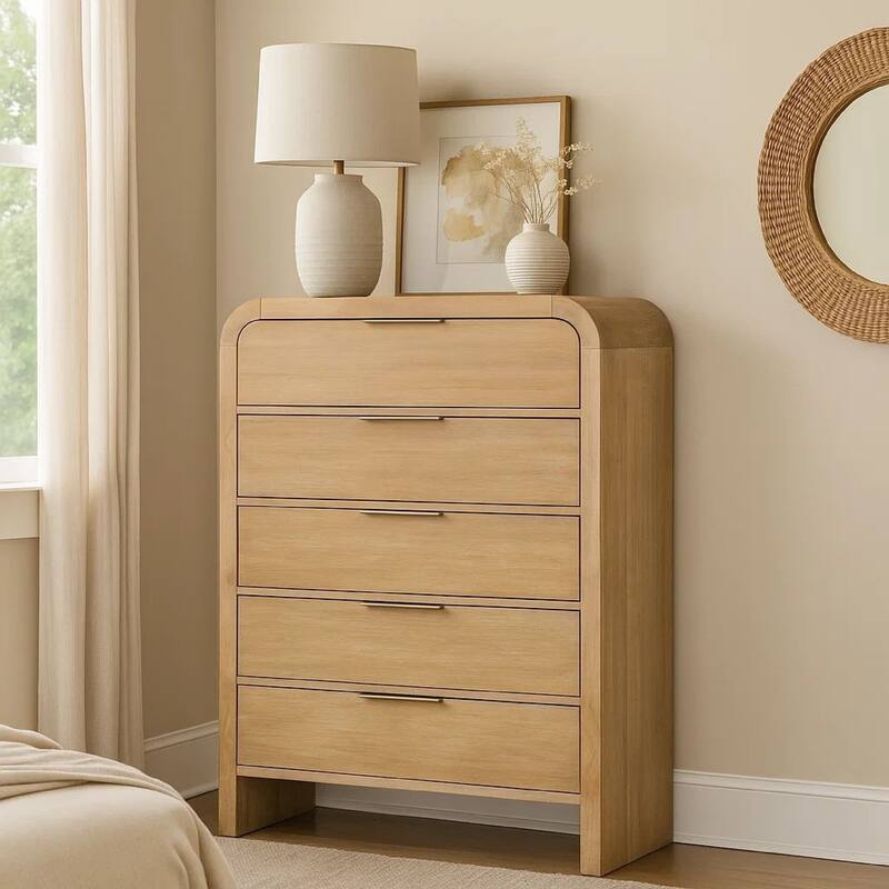 Rexa Tall Dresser Chest, 5 Drawer Finger Pulls, Natural Oak Brown