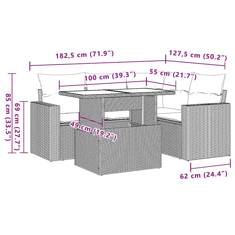 vidaXL Patio Sofa Set with Cushions Outdoor Furniture 5 Piece Poly Rattan - 21.7 x 39.4 x 28.7 in