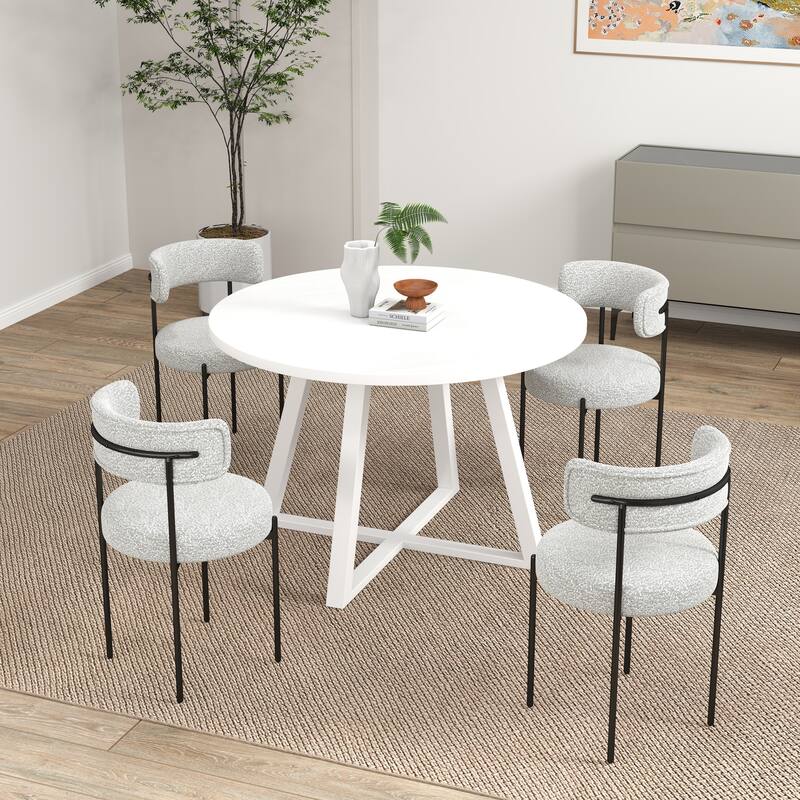 5-Piece Round Dining Set, Trestle Dining Table with 4 Boucle Chairs - White+Multi