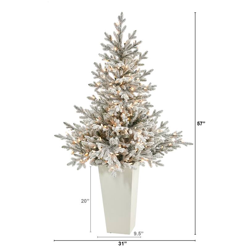 57" Flocked Artificial Christmas Tree with 300 Lights in Tower Planter