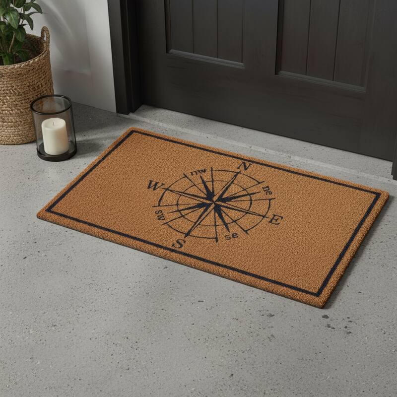 HomeRoots 16" X 30" Light Brown And Navy Blue Compass Indoor Coir Door Mat - 15.70' X '29.60 - 15.70' X '29.60