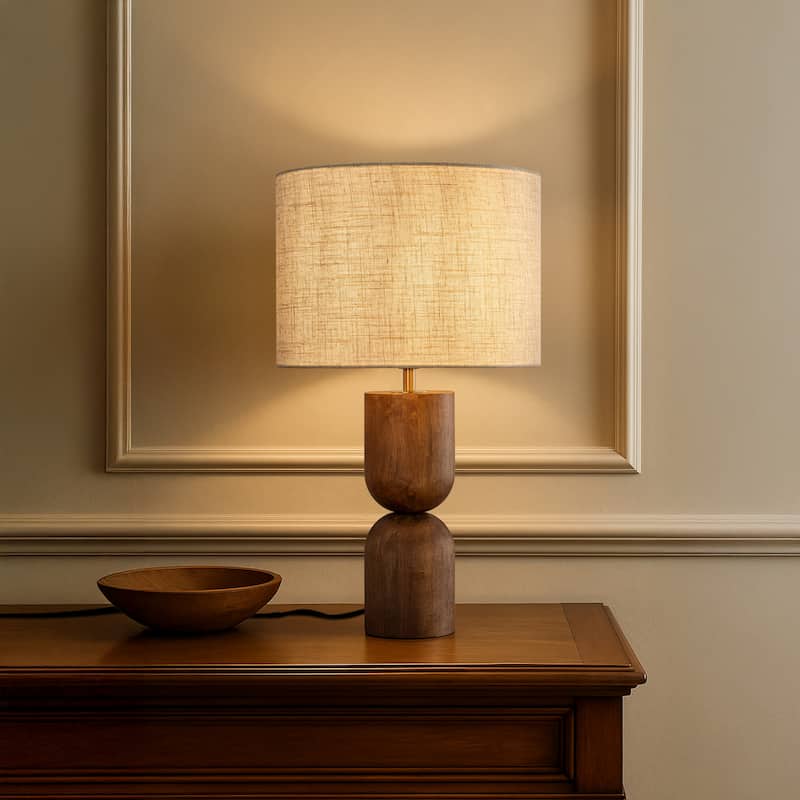 24'' Japandi Honey Brown Wood Base Bedside Table Lamp Modern Classic Nightstand Lamp with Beige Linen Fabric Shade for Bedroom