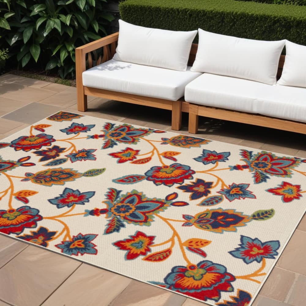 Almiri Graceful Floral Weather Resistant Sleek Contemporary Outdoor Rug