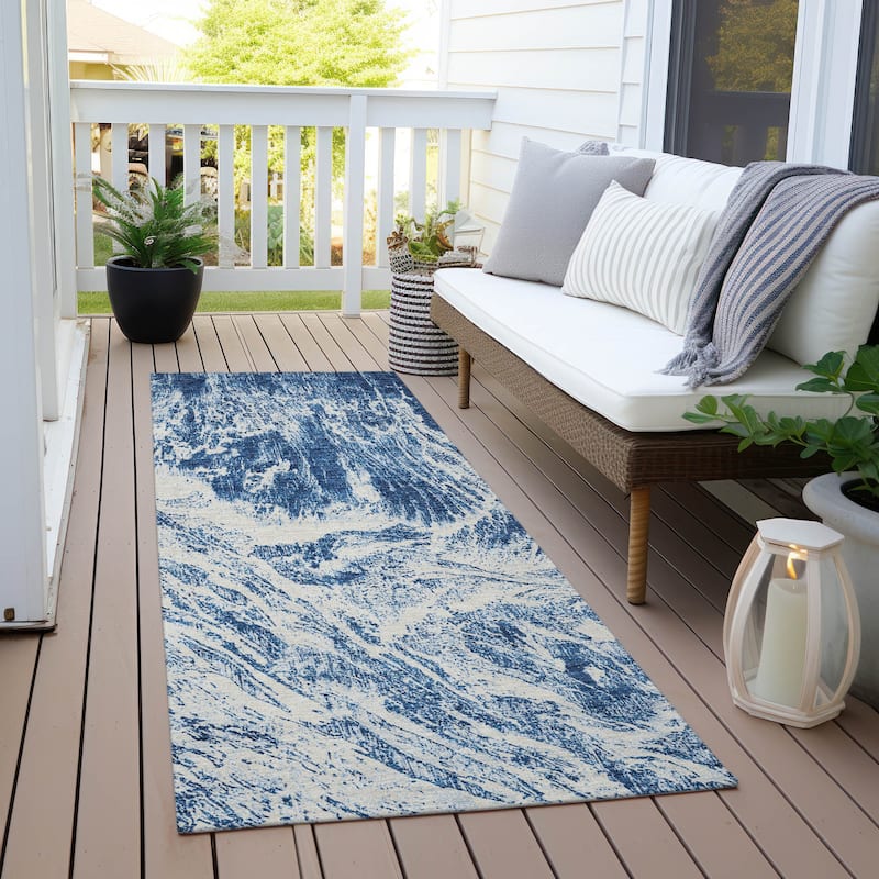 Machine Washable Indoor/ Outdoor Modern Abstract Chantille Rug - Navy - 2'3" x 7'6"