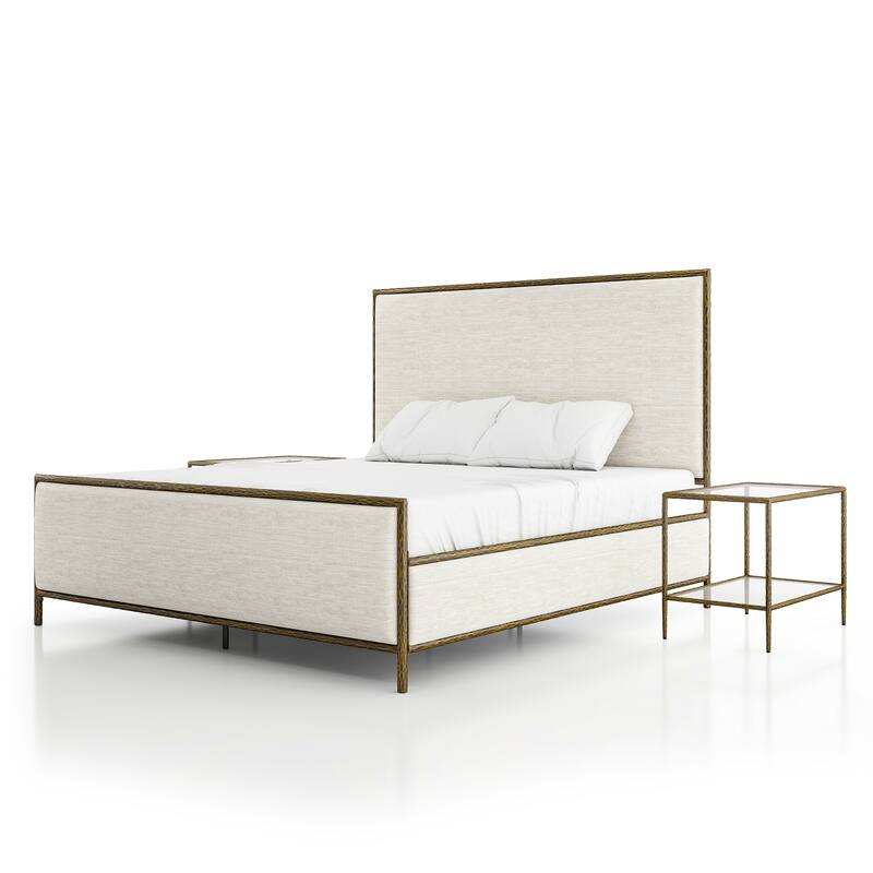 247 Shop At Home Lalia Modern 3-Piece Upholstered Hammered Metal Panel Bedroom Set with 2 Nightstands
