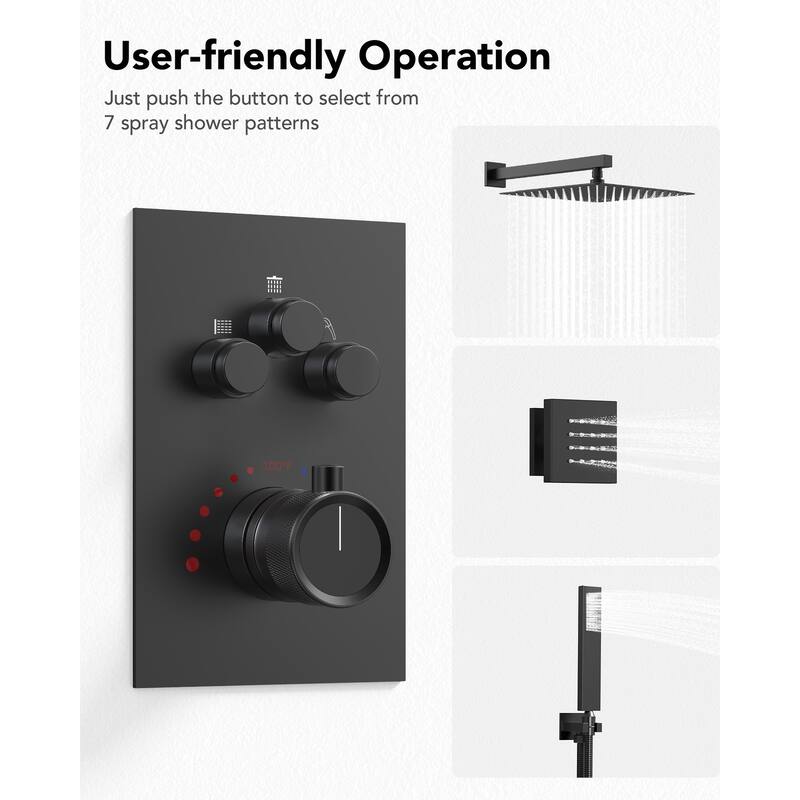 Thermostatic Shower System 12" Rain Shower Head with High Pressure Handheld Spray