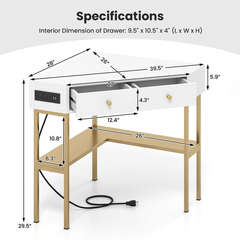 Costway Corner Desk with Built-in Charging Station Storage Drawers &