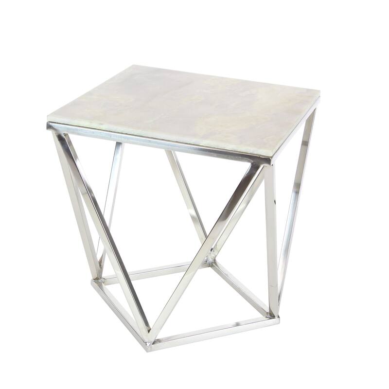 Silver Stainless Steel Accent Table with Marble Top - 18 x 18 x 21