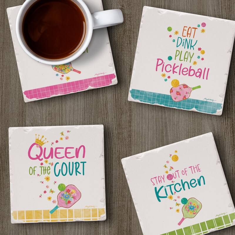 Pickleball 4-Pack Tumbled Tile Stone Coasters with Protective Cork Backing 4" Square Made in The USA Artistic Absorbent