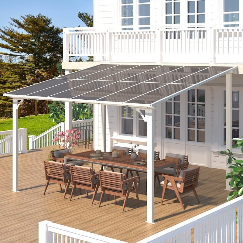 10X12Ft Outdoor Pergola Gazebo, Wall Mounted Lean to Awning Gazebo - White