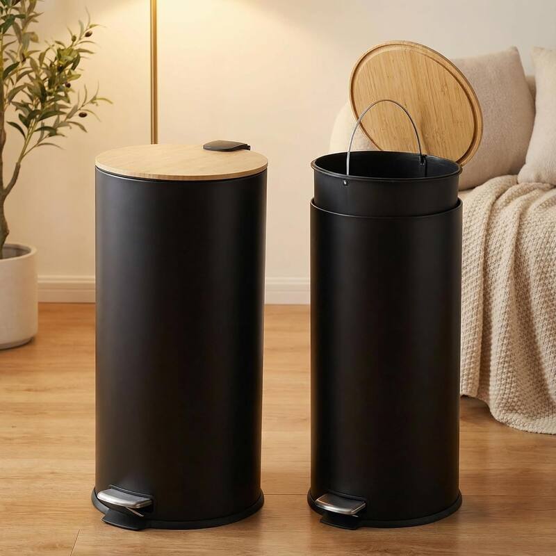 8 Gallon/30L Slim Stainless Steel Trash Can with Bamboo Lid Soft-Close Hands-Free Foot Pedal and Removable Bucket White