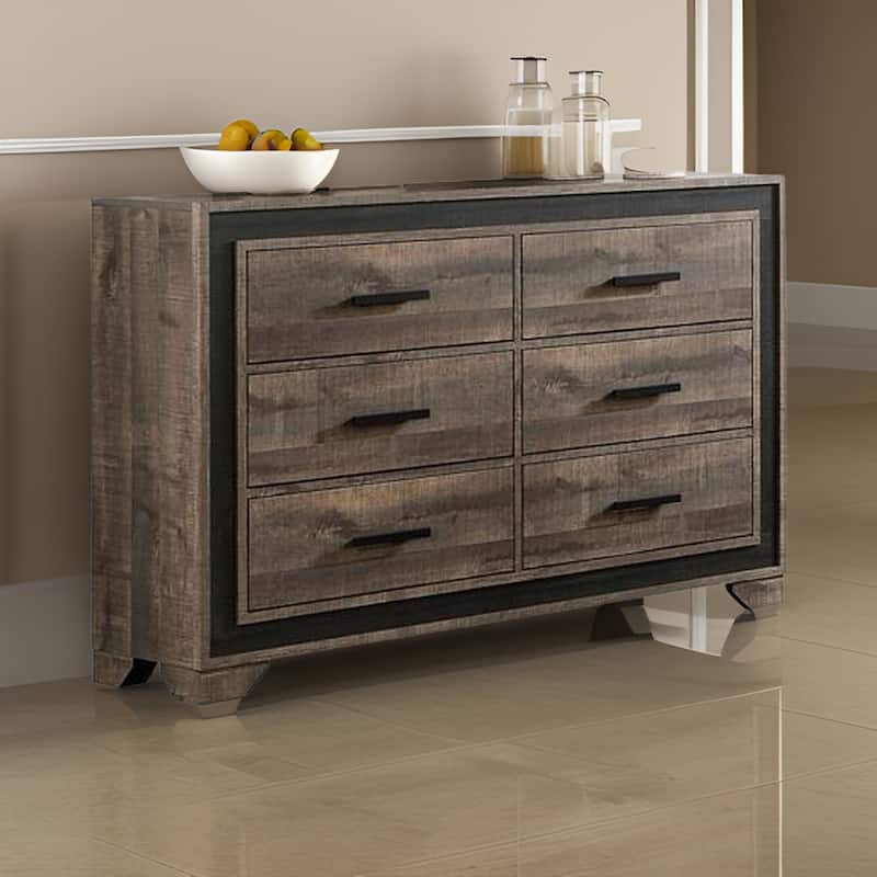 Nny 58 Inch Wide Dresser with 6 Drawers, Black Handles, Brown Wood Finish