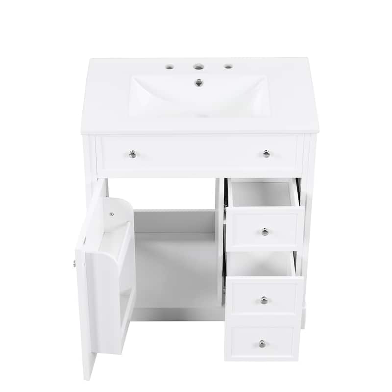 Modern 30-Inch Bathroom Vanity Cabinet with Ceramic Sink, 2 Drawers, and Door Shelf, White