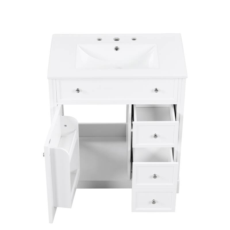 Roomfitters 30" Bathroom Vanity with Sink, Solid Poplar Wood Frame, 2 Drawers & Door with Storage Shelf, White