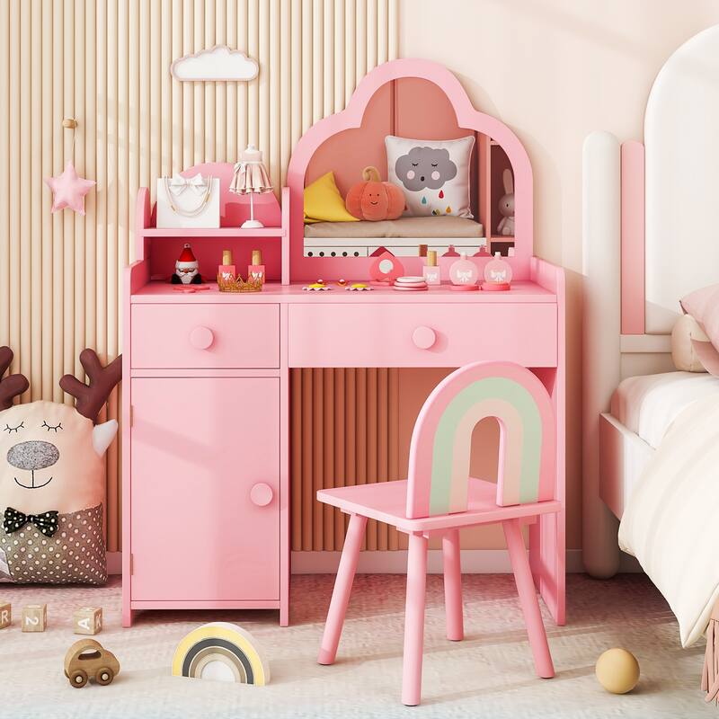 Children's Vanity Table and Stool Set with Mirror and Drawers Cabinet for Bedroom or Playroom - 31.5" x 16" x 38.5" (L x W x H) - Pink