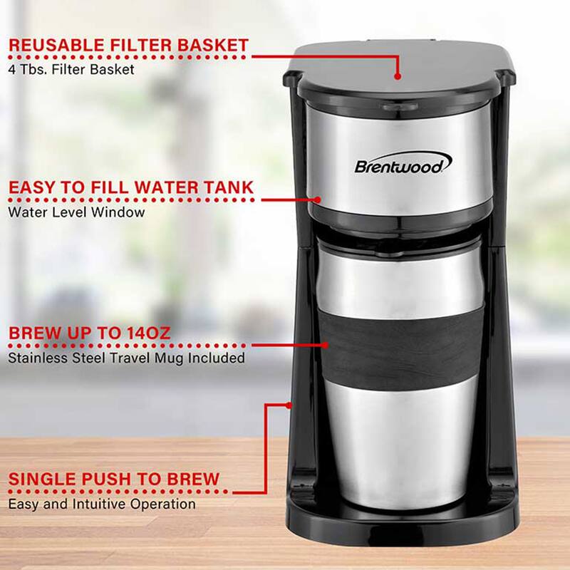 Brentwood Portable Single Serve Coffee Maker with 14oz Travel Mug in Black - 1 Cup