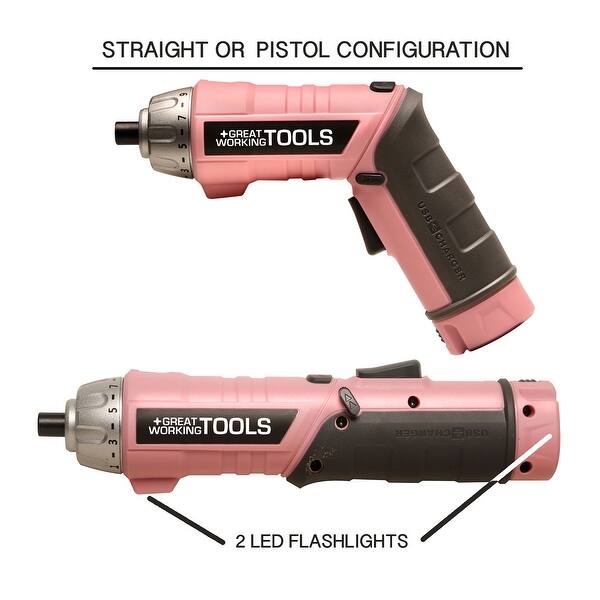 Shop Cordless Screwdriver Set 45 Piece Power Screwdriver With 3 6v Lithium Ion Battery Pivoting Head Flashlight And Case Pink Overstock 29095277