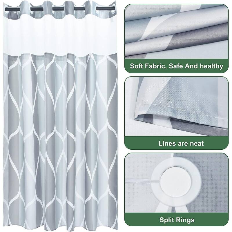 Hook Grey Shower Curtain with Snap in Fabric Liner Set Style with