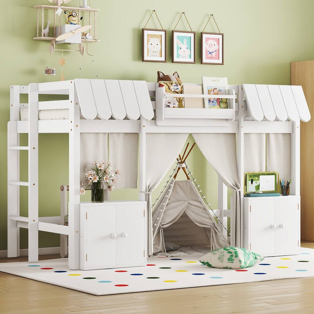 Twin Loft Bed with Built-in Bookshelf, Curtain, and Storage Shelf Amusement Park-Inspired Playful, White