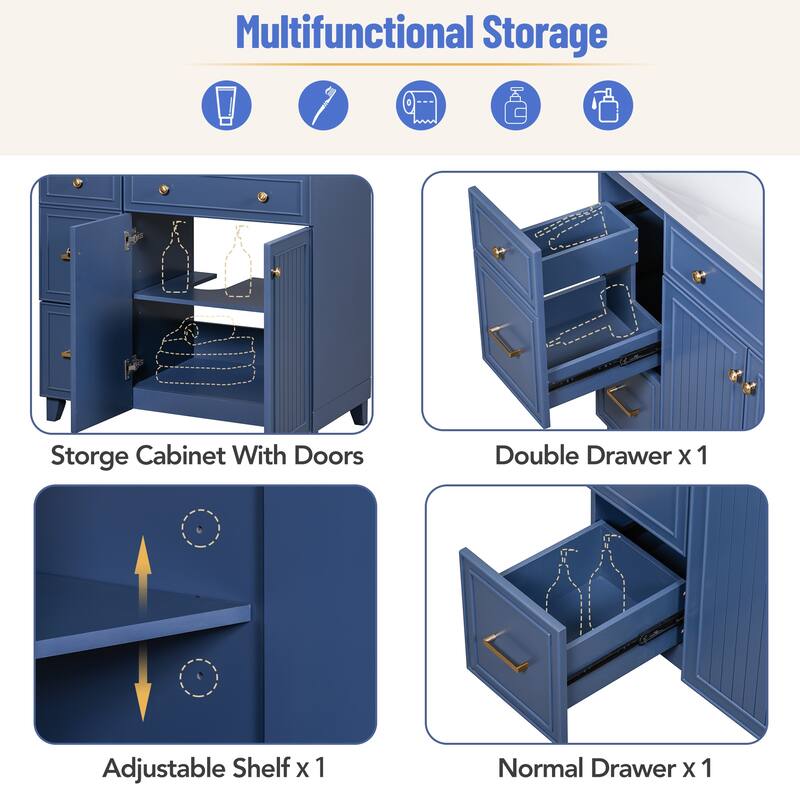 36" Bathroom Vanity Navy Blue Single Sink Bathroom Cabinet with Drawers - 36 Inch