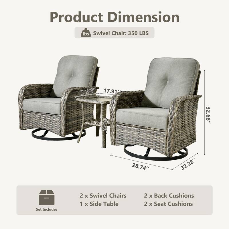 HOOOWOOO 3-piece Grey Wicker Patio Swivel Rocking Chair Set