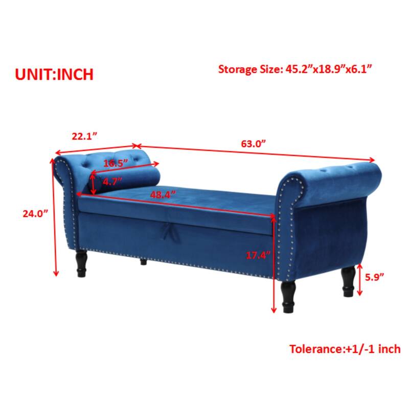Elegant Blue Velvet Storage Bench: Versatile Ottoman with Nailhead Trim and Tufted Design