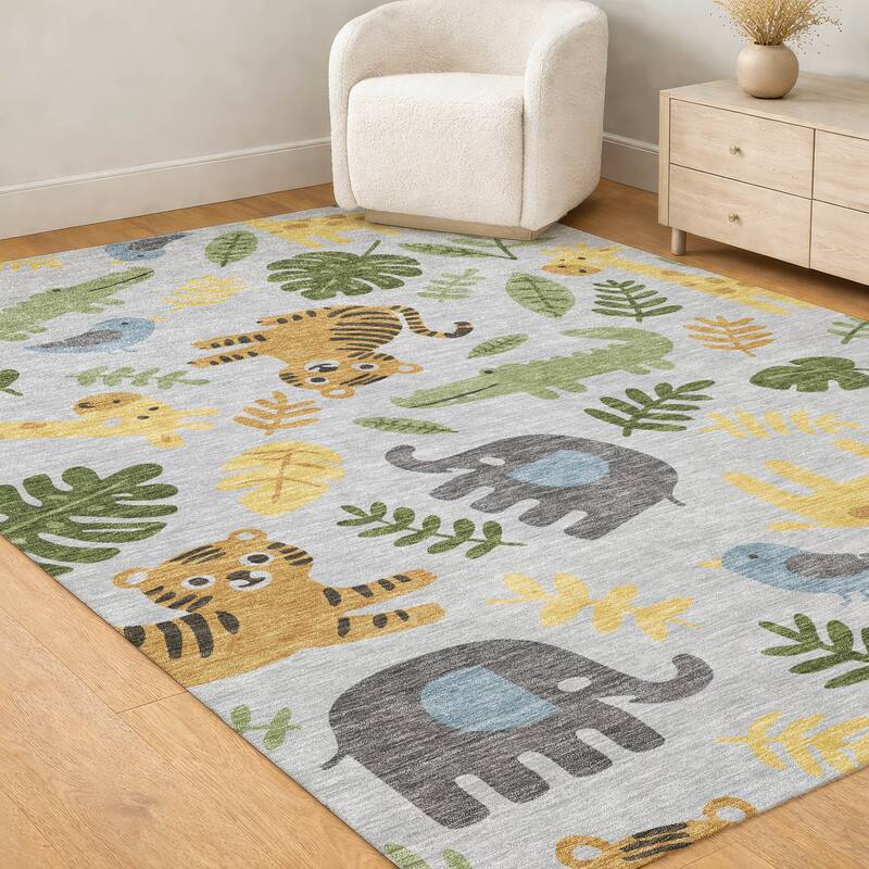 Machine Washable Indoor/ Outdoor Whimsy Safari Animals Chantille Rug