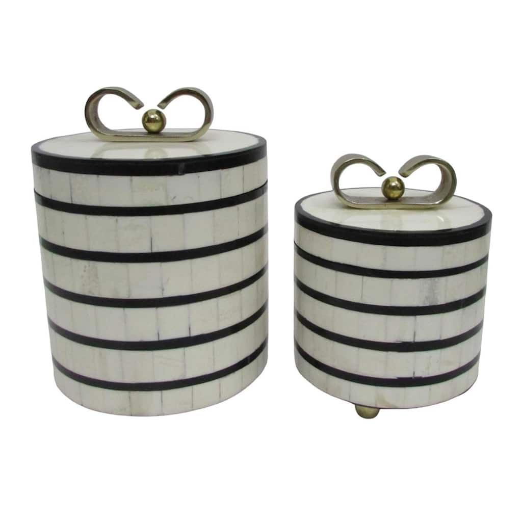 Resin Boxes Stripe Inlay with Lid Handles (Set of 2) - 9", 7" Cream - 6.5" x 6.5" x 9"