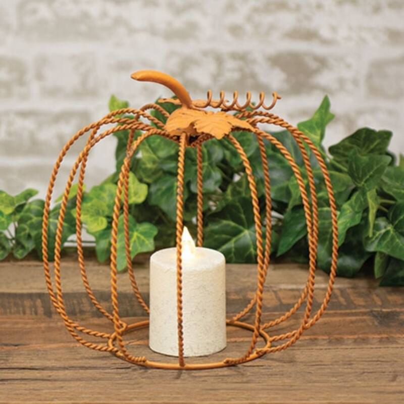 9” Twisted Metal Pumpkin with Cutout Leaves and Spiral Stem Rustic Fall Home Decoration - 9" H x 9.5"Dia