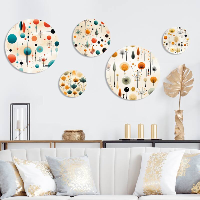 Designart "Atomic Age Modern Fusion" Geometric Wall Art Set of 5 - Mid-Century Orange Metal Wall Living Room Decor Set