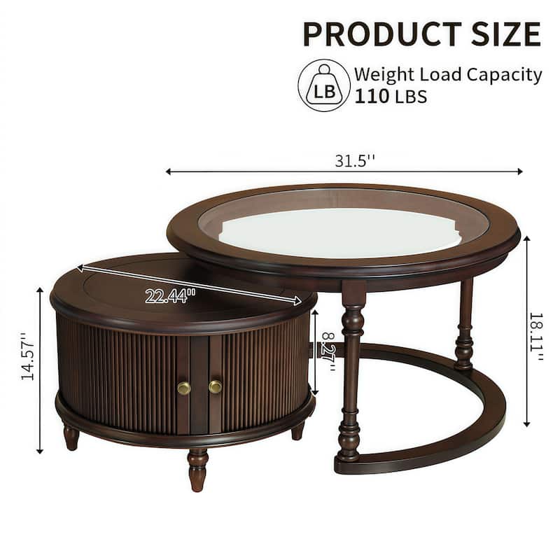 Nesting Table for Living Room, 31.5'' Coffee Table Fluted Set of 2, Tempered Glass Solid Wood Tabletop