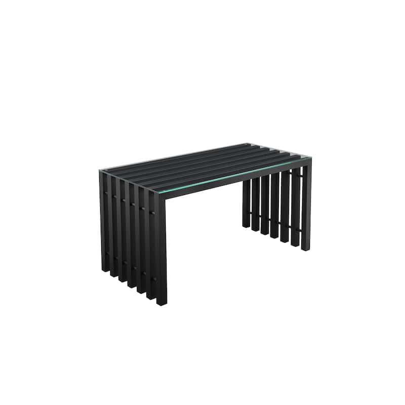 Namo 55 Inch Office Desk, Tempered Glass Top, Slatted Black Metal Frame