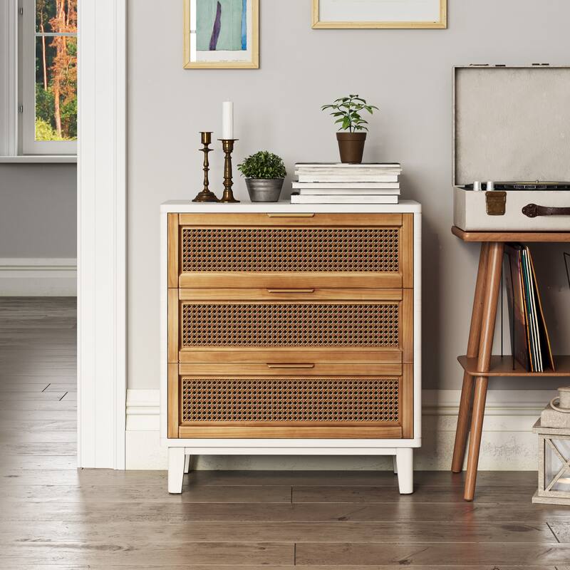 COZAYH Farmhouse 3-Drawer Nightstand, Rattan Cane Front Accent Dresser for Living Room, Bedroom