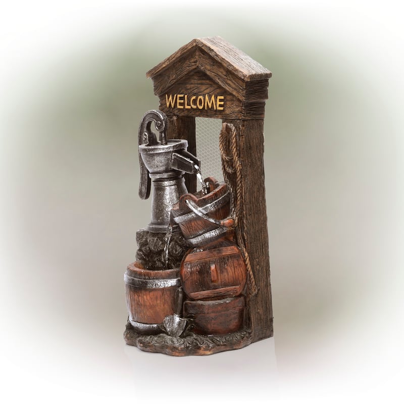 Alpine Corporation 24" Tall Vintage Water Pump with Welcome Sign and Barrels Fountain Yard Art Décor, Multicolor