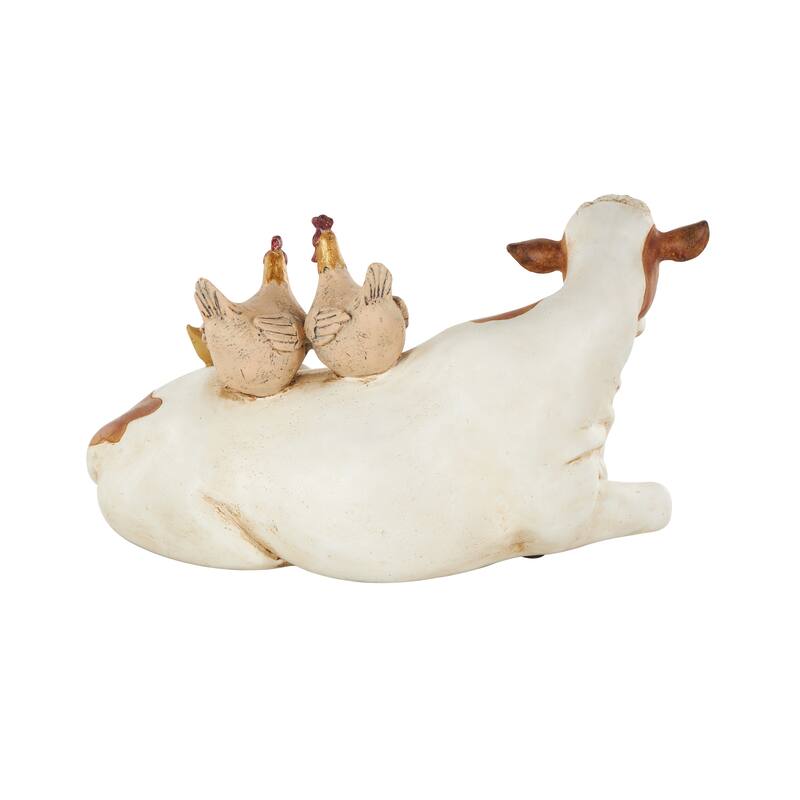 Polystone Cow Decorative Sculpture with Sitting Roosters and Chicks - Copper or Cream
