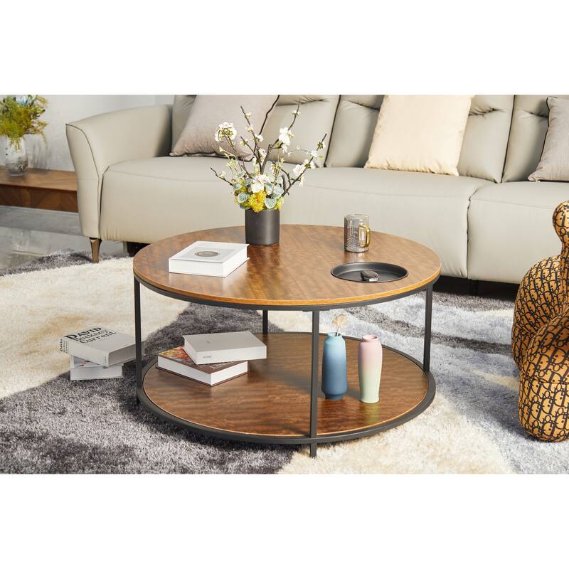 Round 2-Tier Coffee Table with Featuring Built-In Storage Slots and Shelf - Brown