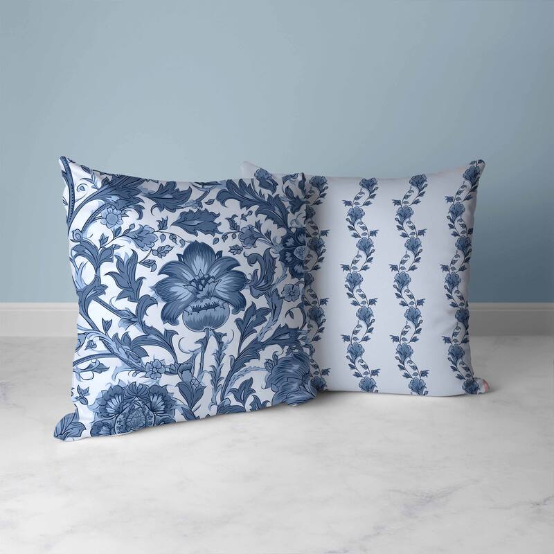 Skyblue And Darkgrey Mughal Era Garden Treasures Indoor/Outdoor Throw Pillow Zipper