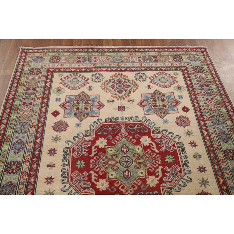 Geometric Beige Kazak Area Rug Handmade Wool Carpet - 5'1" x 6'4"