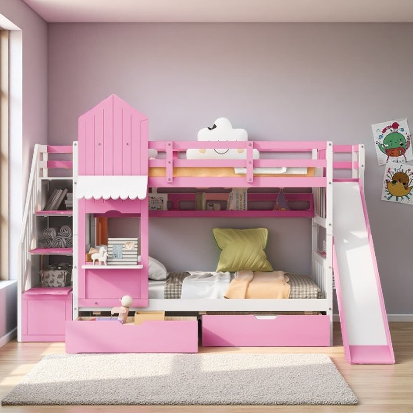 Full Size Playhouse Bunk Bed Frame with Slide, Dual Full Beds, Built-In Drawers and Display Shelves, Castle-Inspired Bunk Bed