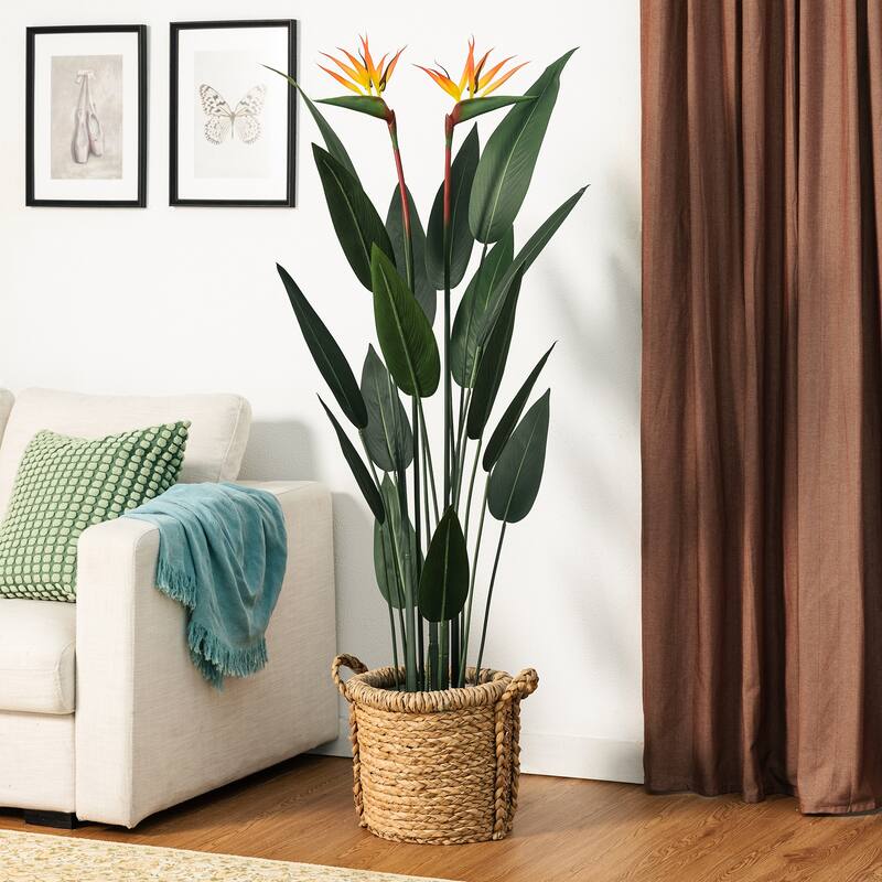 Glitzhome 3ft-6ft Set of 2 Artificial Olive Trees/ Bamboo/ Ficus with Ceramic Planters Real Touch