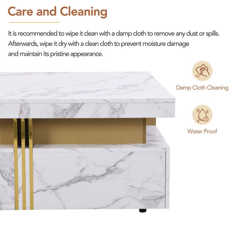 Roomfitters Modern Square Coffee Table, 4 Hidden Storage Compartments with Gold Accents, Contemporary Living Room Center Table