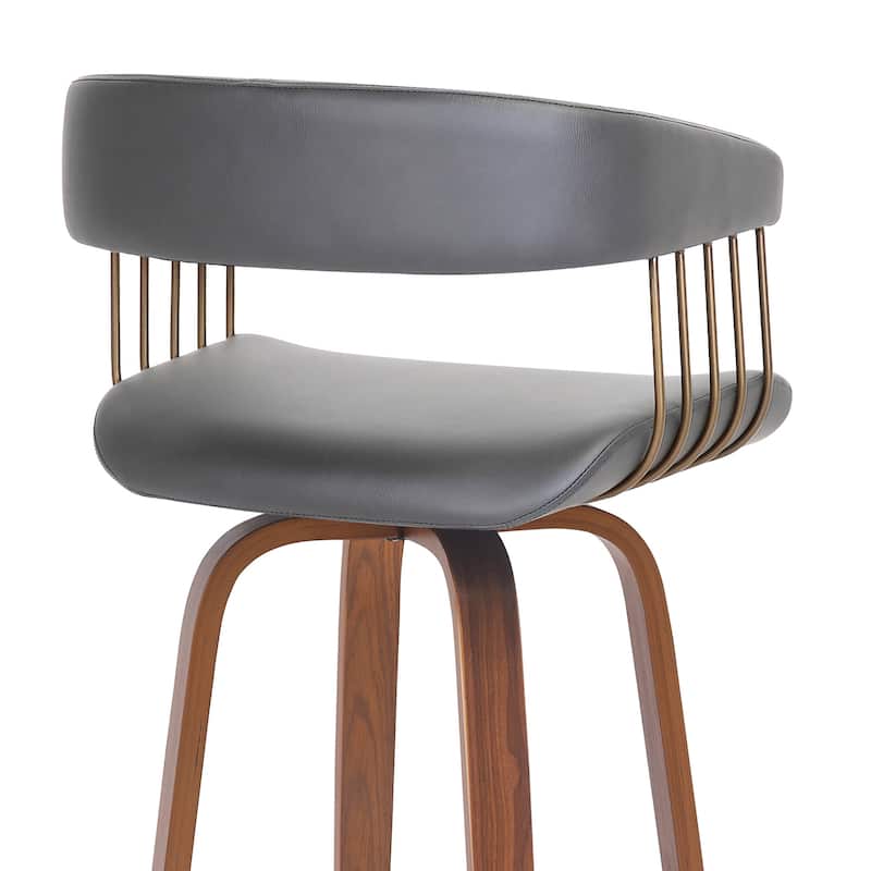 31" Gray And Wood Brown Faux Leather Swivel Bar Height Bar Chair