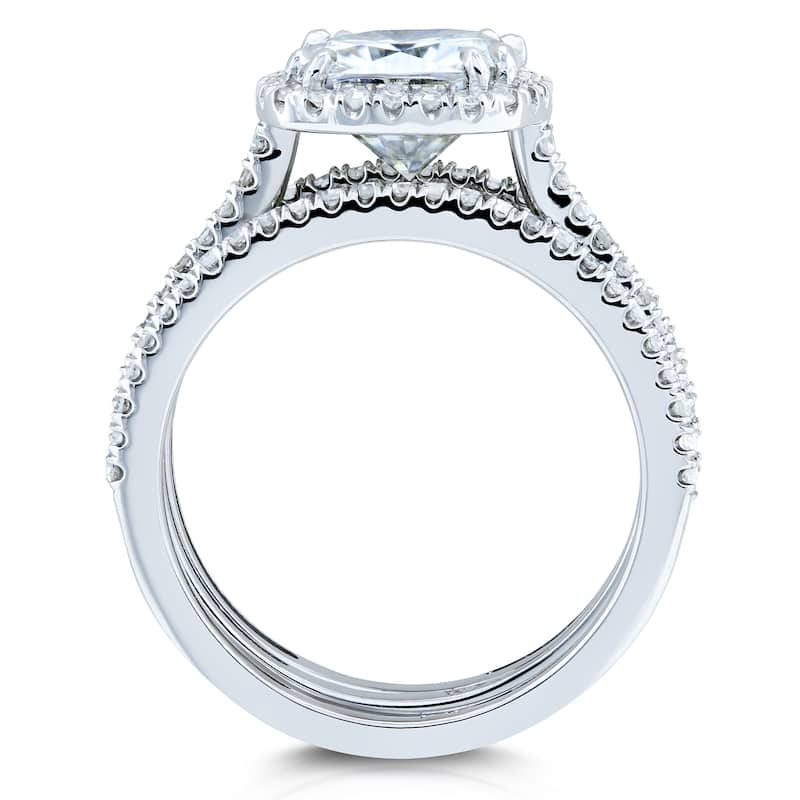 Kobelli 2.5 Carats Moissanite & Natural Diamond 14k Solid Gold Raised Cushion Halo Eternity Bands Capri 3pc Bridal Set