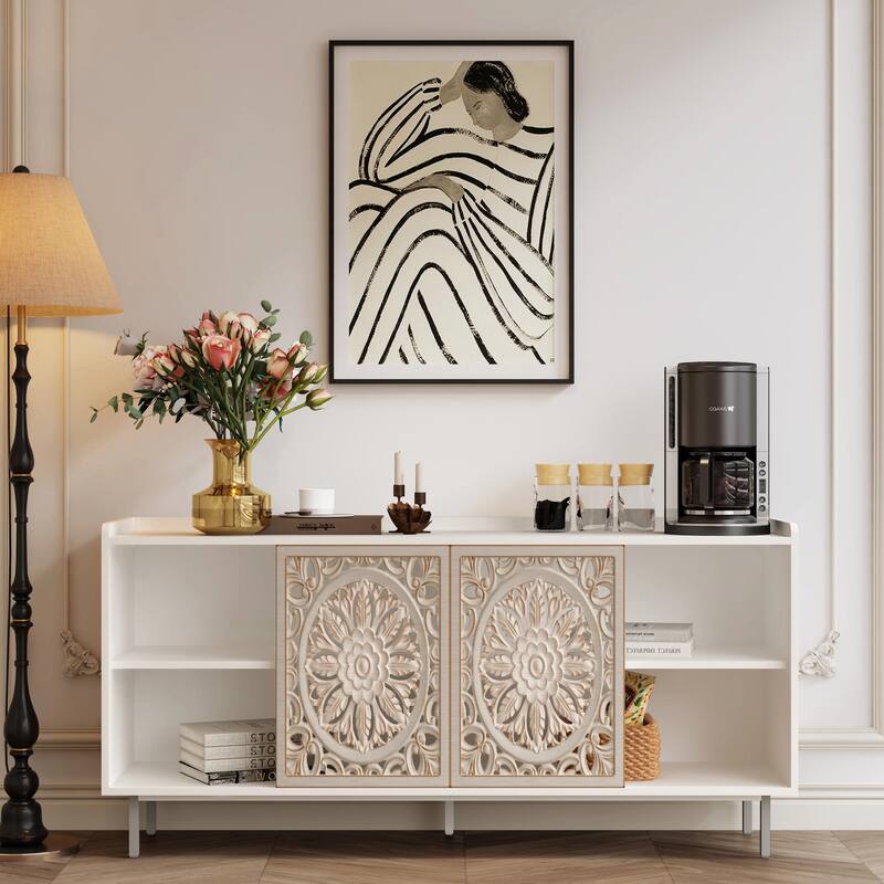 Mid Century Modern TV Stand - White Storage Cabinet with Drawers - Antique White