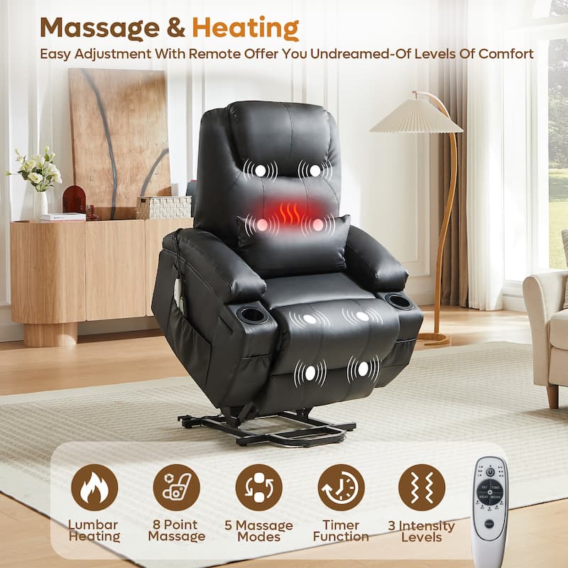 Bestier 34.6" Electric Power Lift Asist Recliner Chair with Massage and Heat,Fax Leather Reclining Chair with Side Pockets