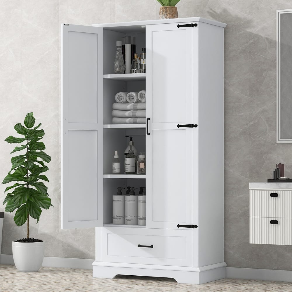 GDFStudio - Tall Bathroom Wooden Storage Cabinet with Two Doors & One Drawer, Adjustable Shelf、