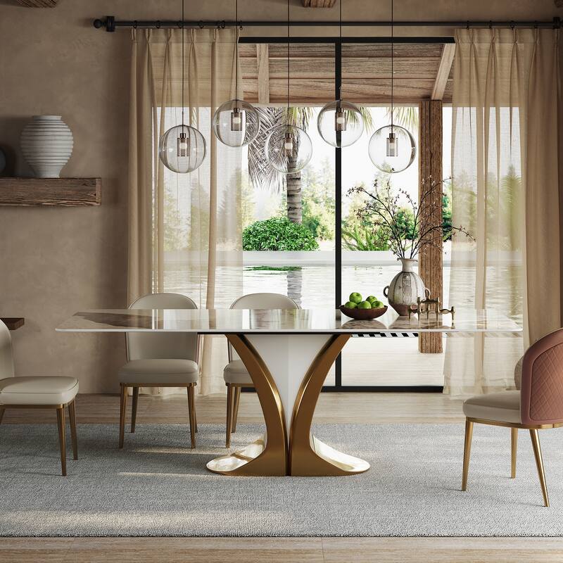 Modern Faux Marble Dining Table with Gold Stainless Steel V-Legs Rectangle 78 in.