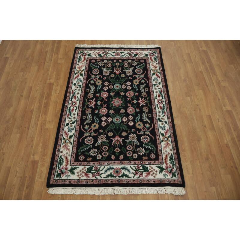 Hand Knotted Oriental 100% Wool Carpet Traditional All-Over Black Agra Area Rug - 6' 1'' X 4' 0''