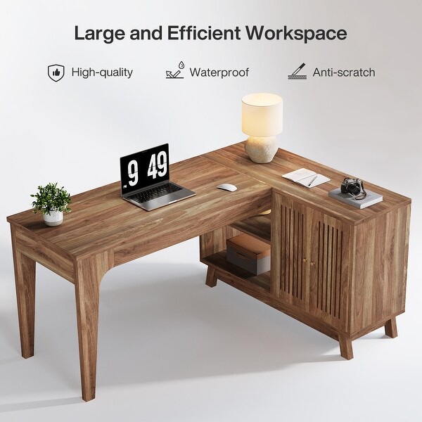 L-Shaped Desk with Storage Cabinet, 57-Inch Wood Corner