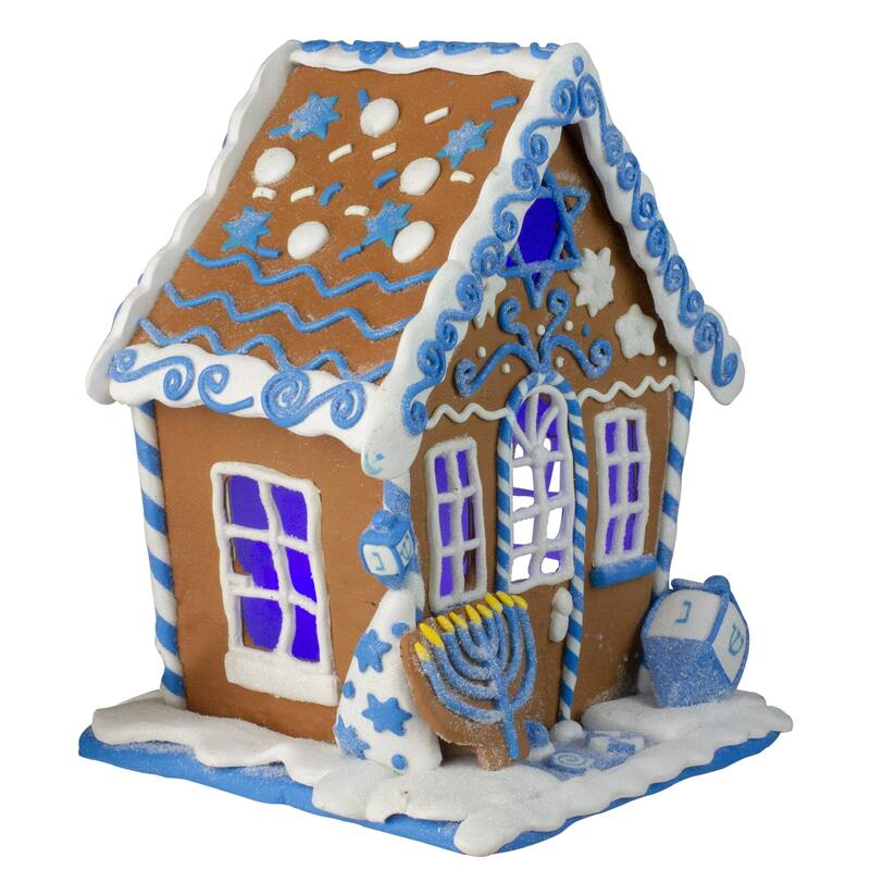 8" White Blue Festive Hanukkah Gingerbread LED House Tabletop Decor